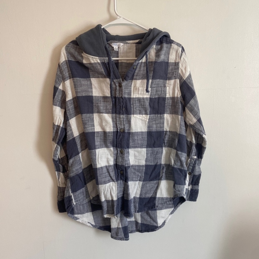 Gray and white button down flannel with hoodie and drawstrings